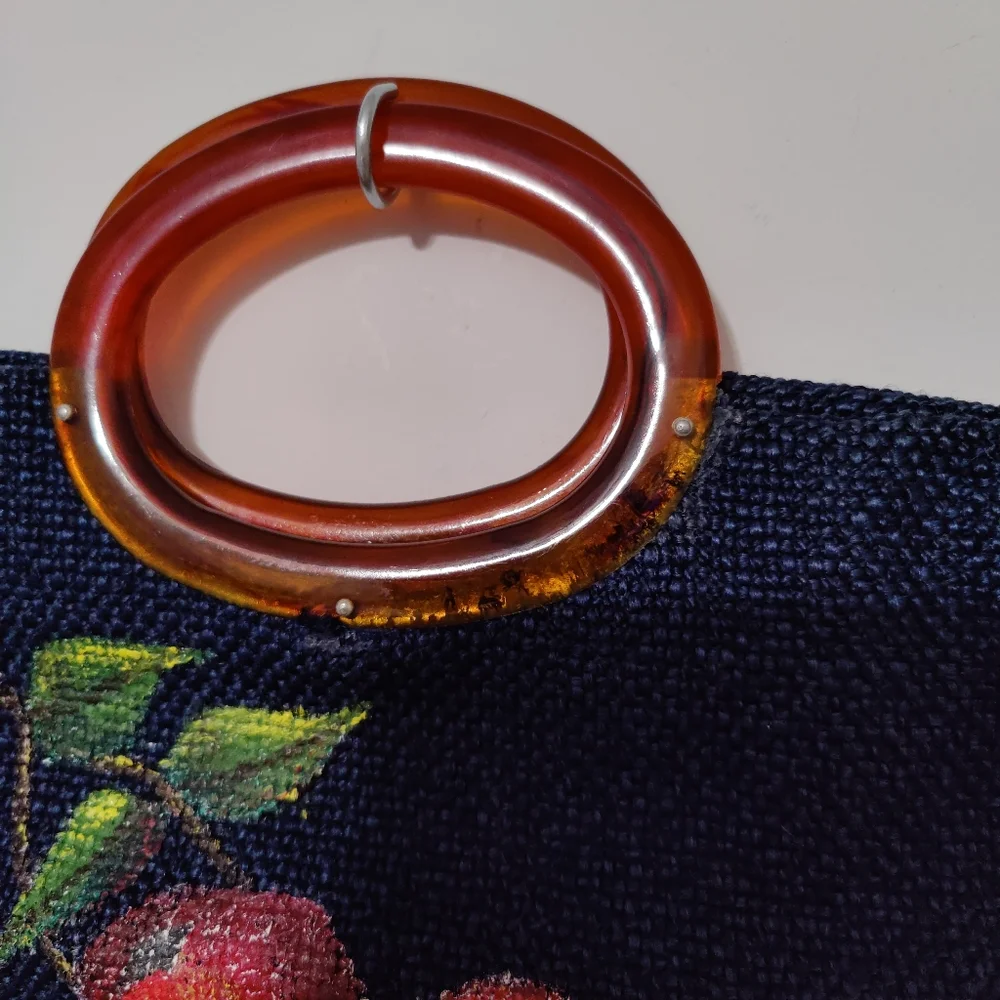 70s artisan craft purse lucite handles hand painted apples teacher lunch tote - Picture 2 of 5